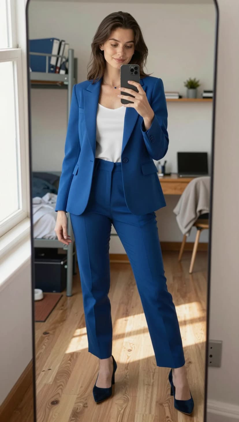 Royal Blue Wool Blazer + Royal Blue Wool Trousers + White Silk Camisole + Navy Suede Heels