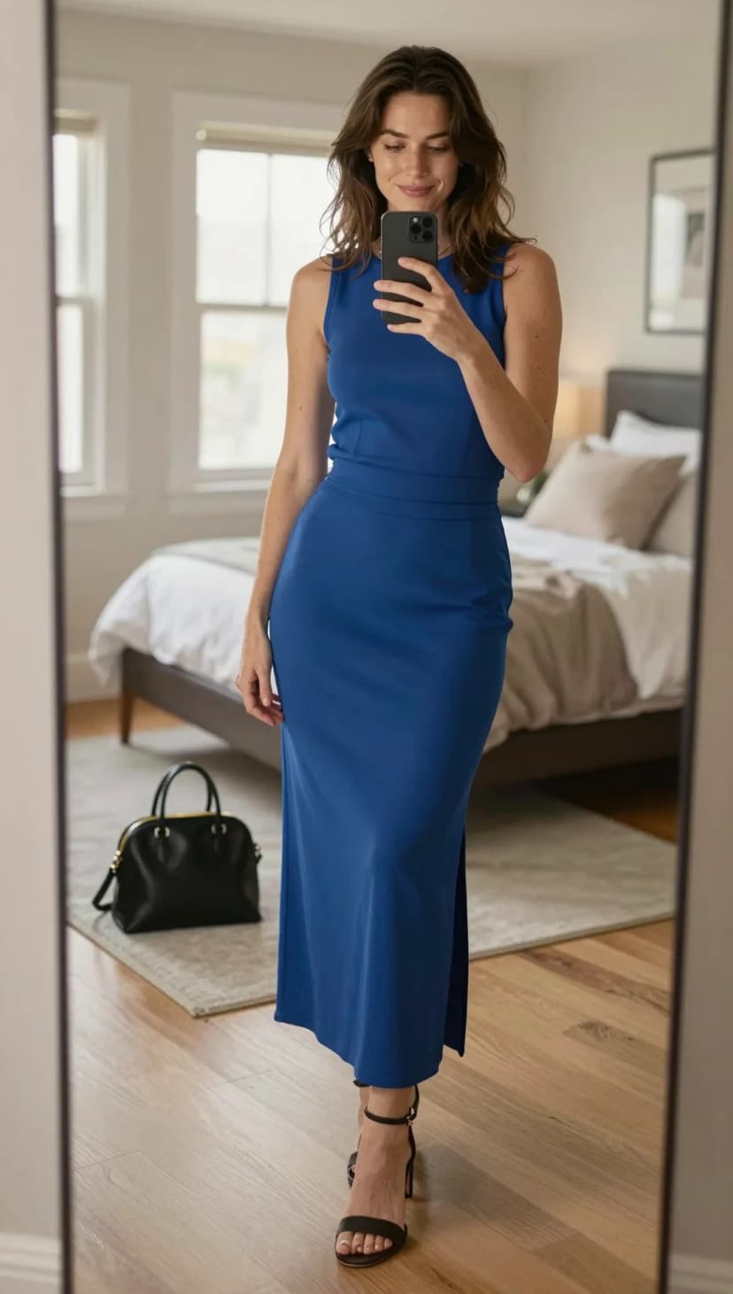 Cobalt Blue Knit Dress + Black Strappy Heels + Black Structured Handbag