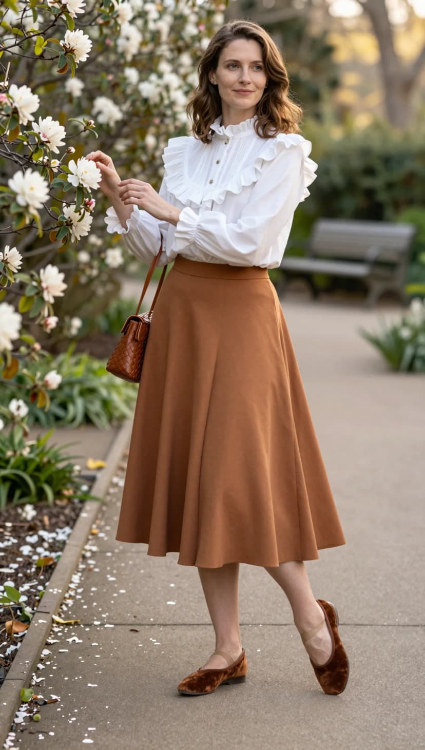 White Ruffled Cotton Blouse + Camel Suede A-Line Midi Skirt + Brown Velvet Ballet Flats