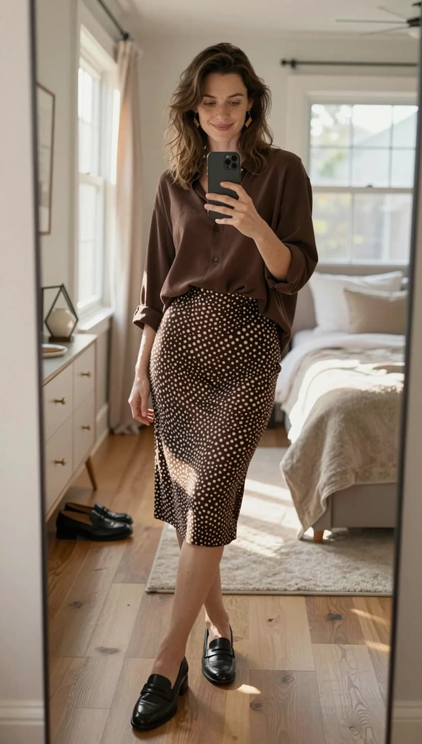 Brown Silk Button-Down + Brown Polka Dot Satin Midi Skirt + Black Leather Loafers
