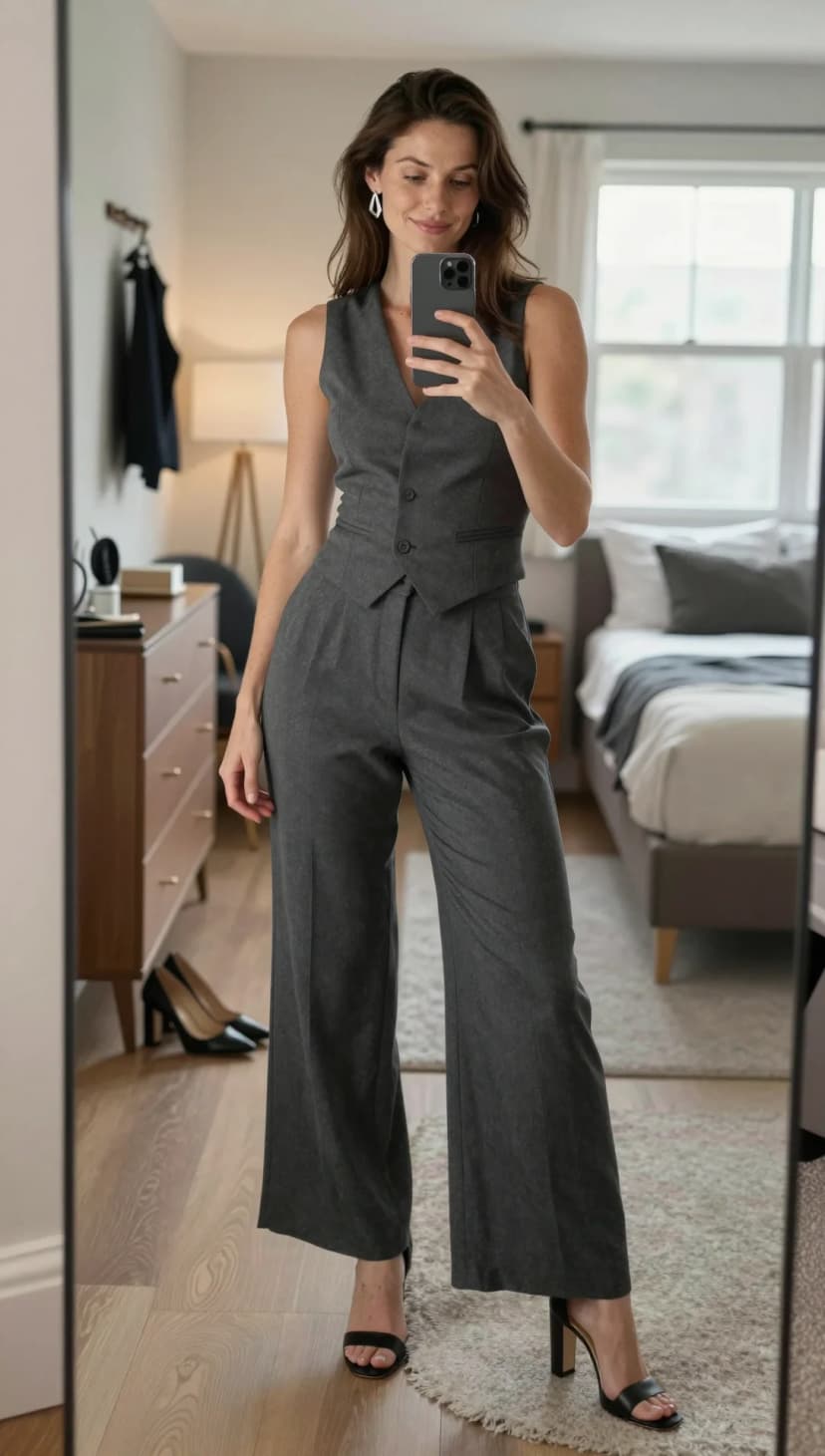 Charcoal Wool Vest + Charcoal Wool Wide-Leg Trousers + Black Strappy Heels