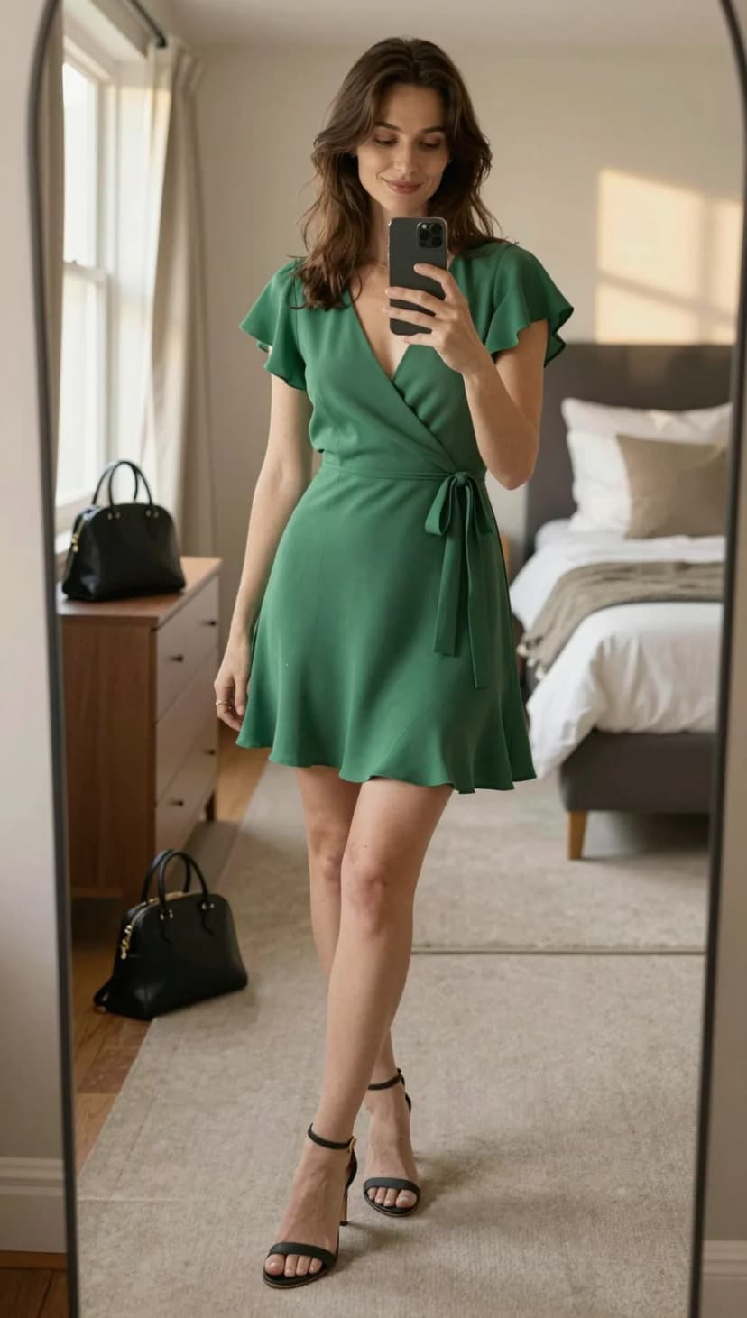 Emerald Green Wrap Dress + Black Strappy Heels