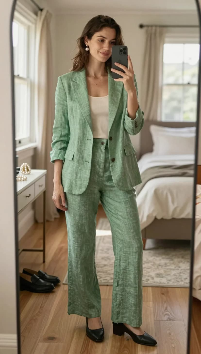 Mint Textured Linen Blazer + Mint Textured Linen Wide-Leg Trousers + Cream Ribbed Tank Top + Black Block Heels