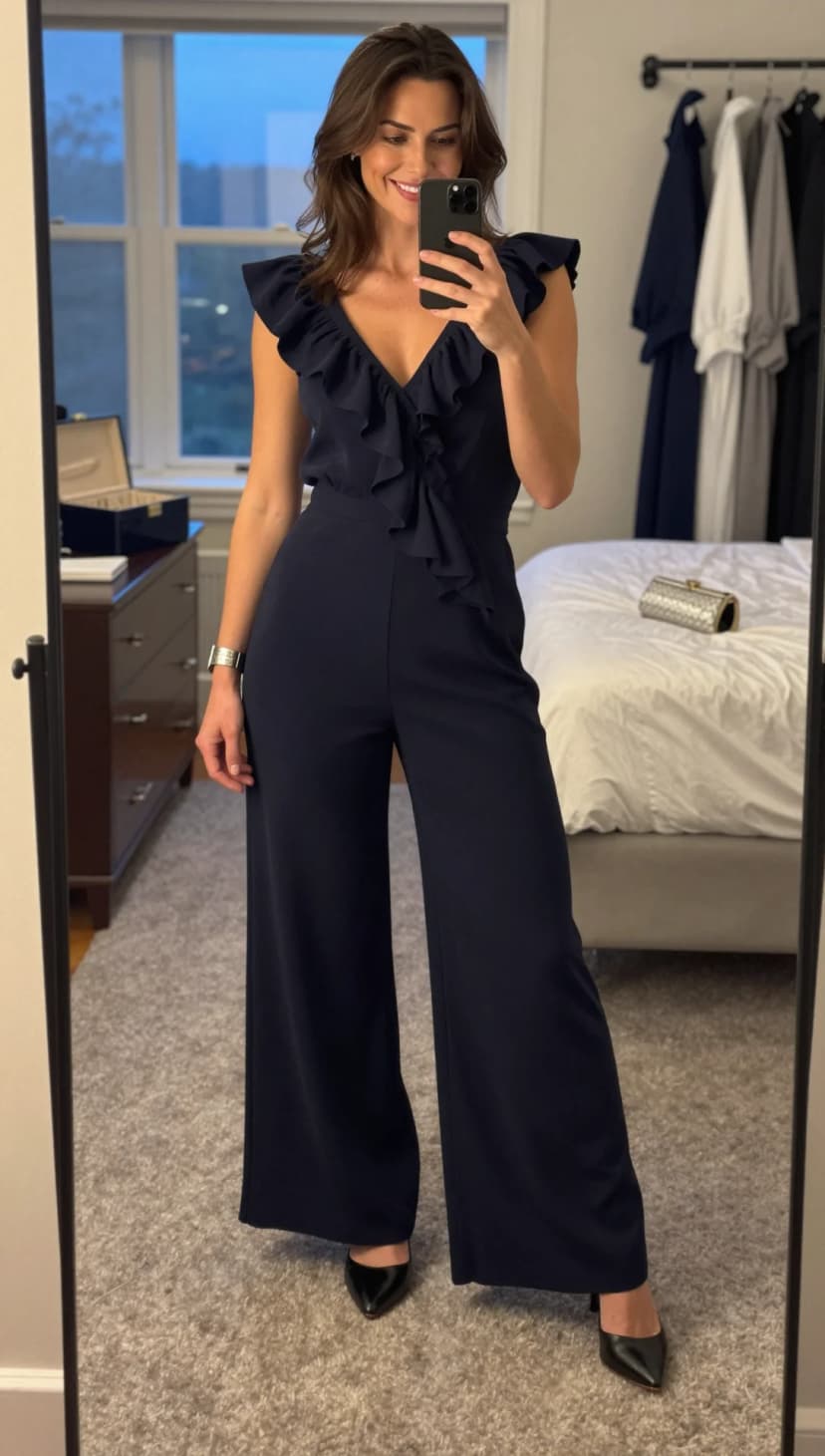 Navy Crepe Ruffle Jumpsuit + Black Leather Pointed-Toe Heels