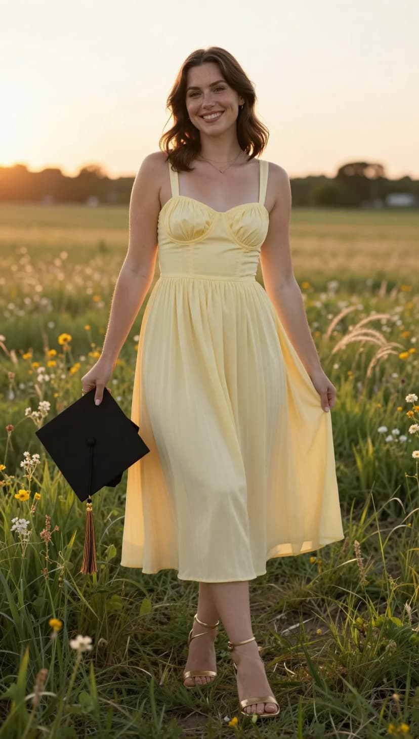 Yellow Chiffon Sweetheart Midi Dress + Gold Strappy Heels