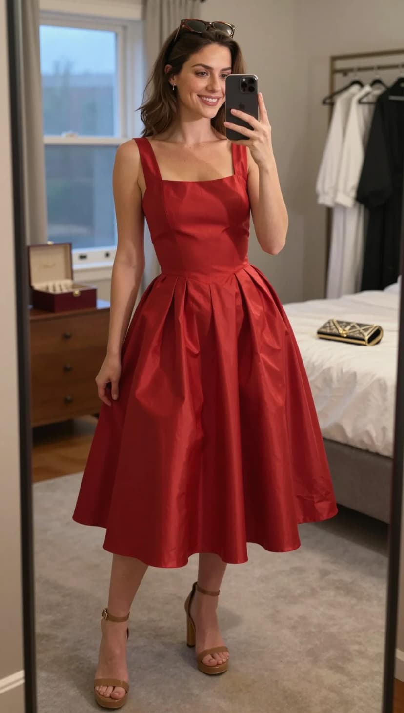 Red Satin Fit-and-Flare Midi Dress + Tan Platform Sandals