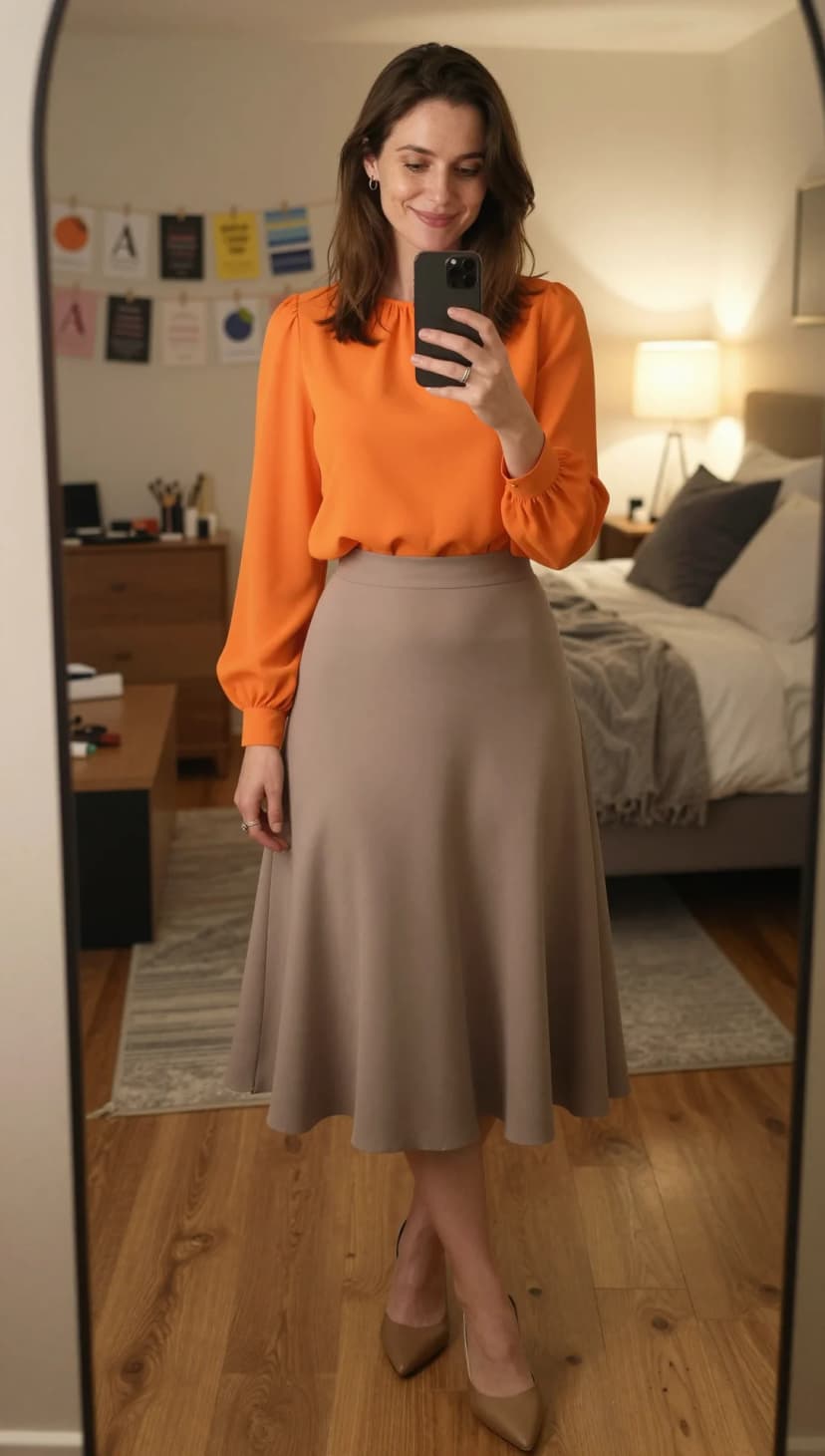 Orange Chiffon Blouse + Taupe Midi Skirt + Taupe Pumps