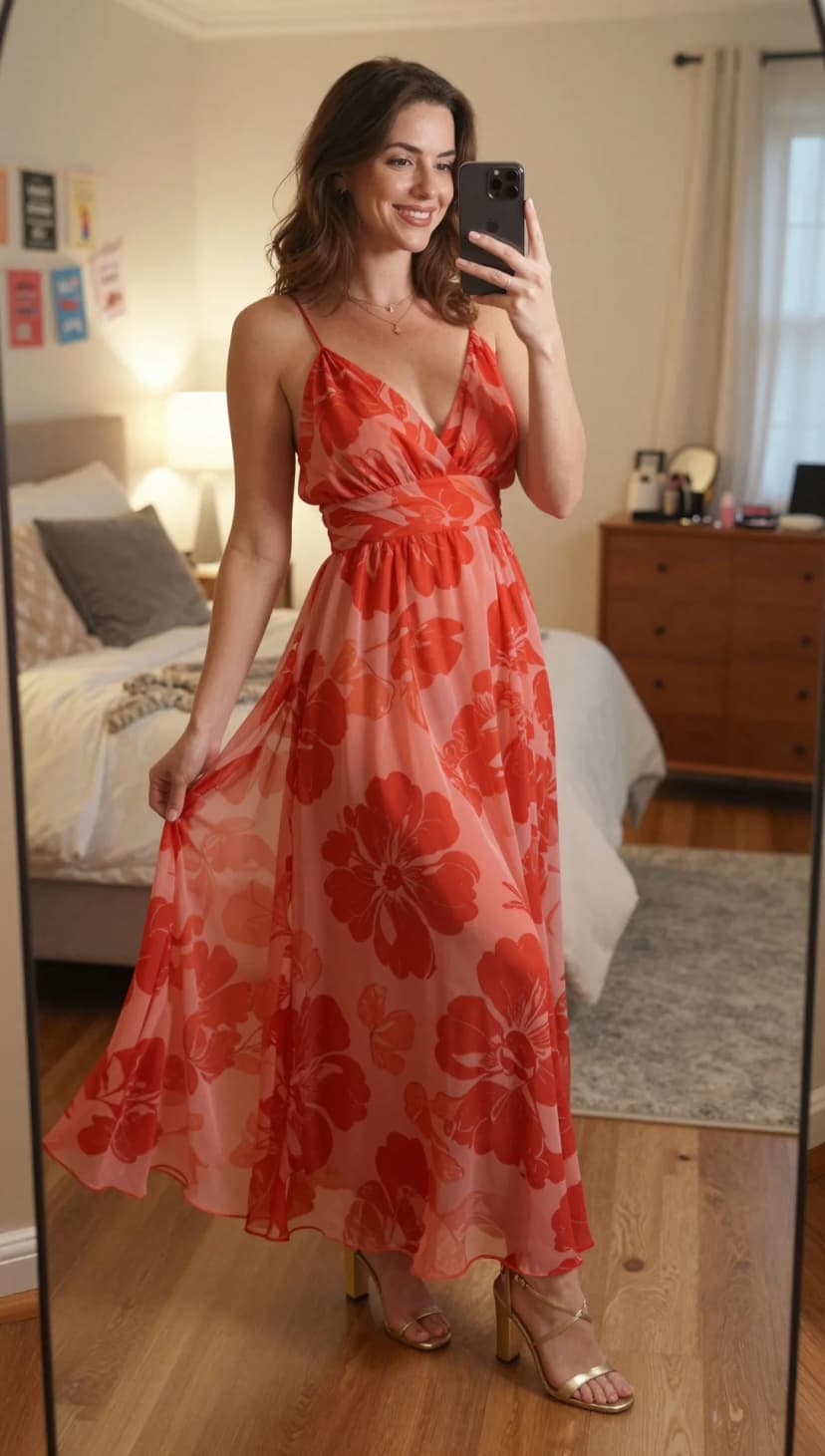 Coral Floral Chiffon Maxi Dress + Gold Metallic Block Heels