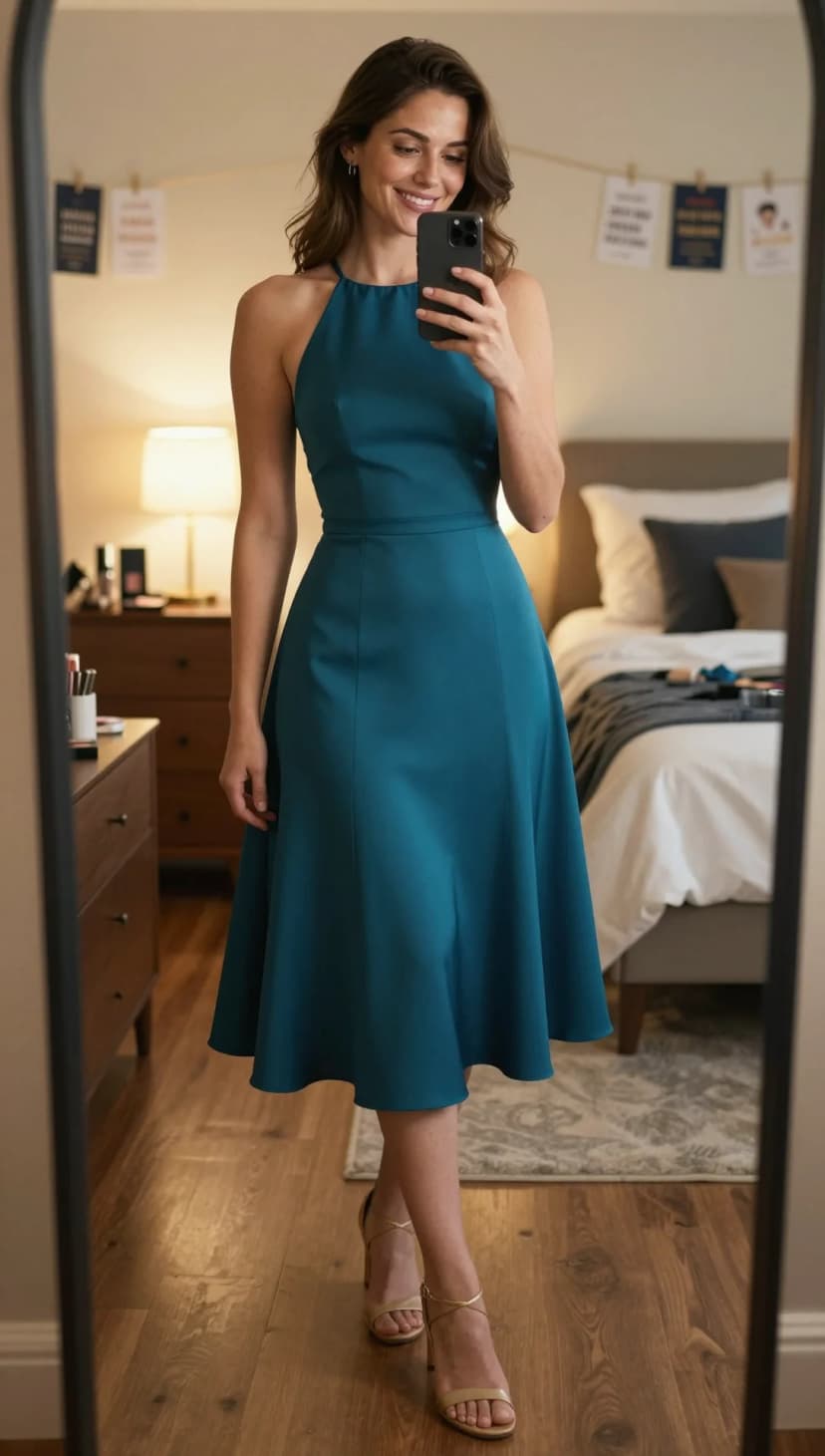 Teal Crepe Halter Dress + Nude Strappy Heels