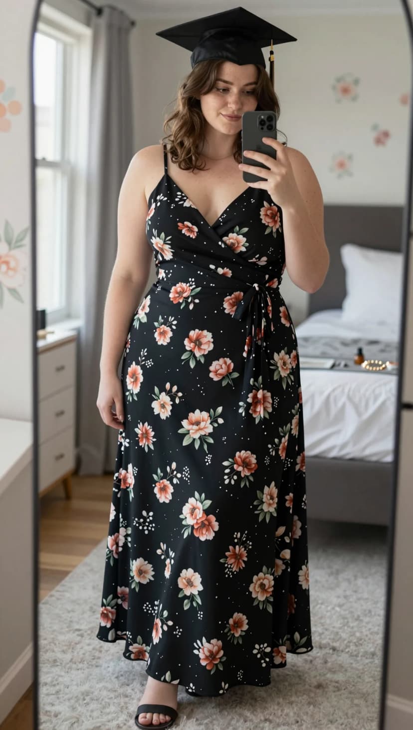 Black Floral Print Midi Wrap Dress + Black Slide Sandals