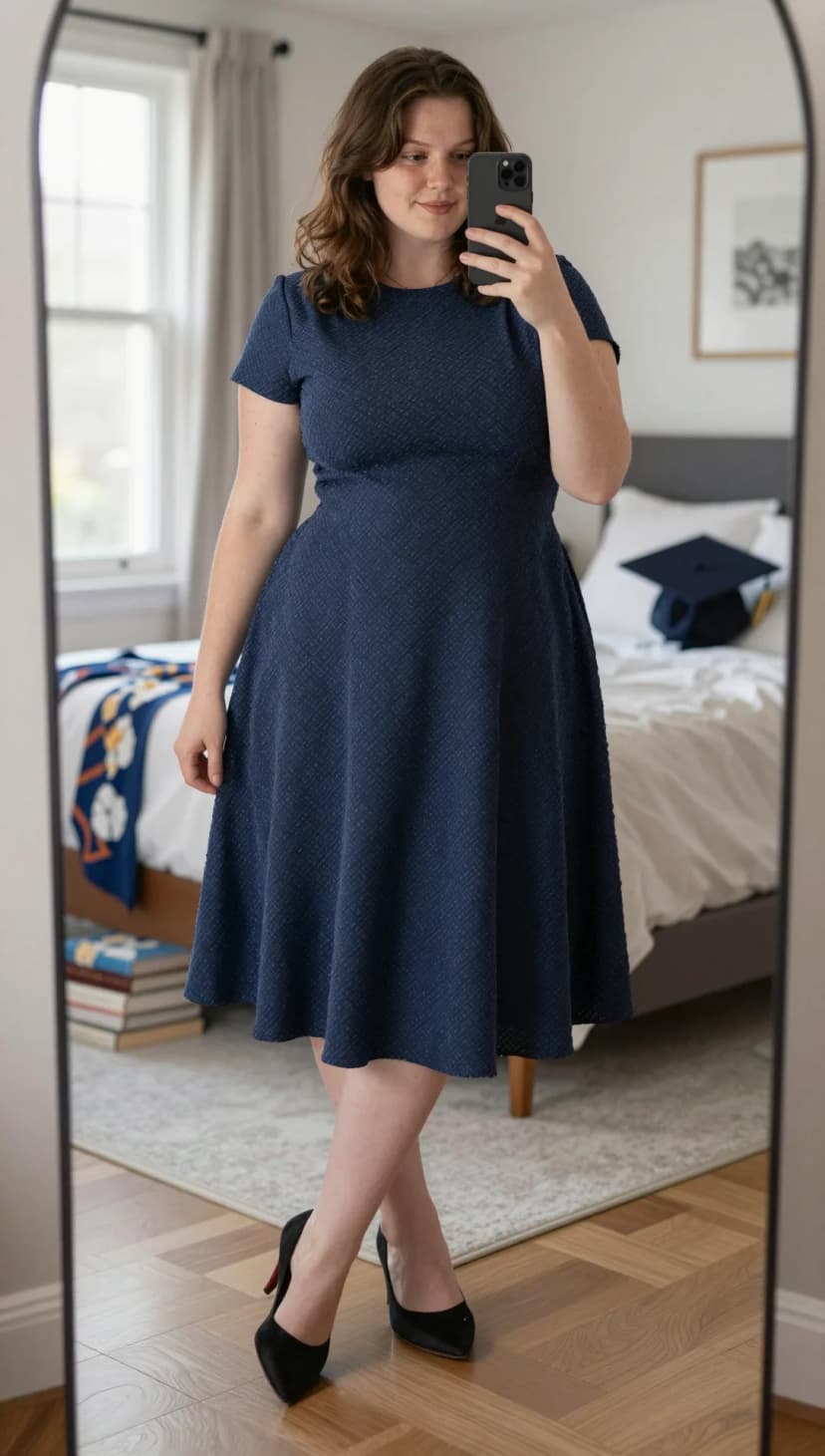 Navy Textured Fit-and-Flare Dress + Black Pointed-Toe Heels