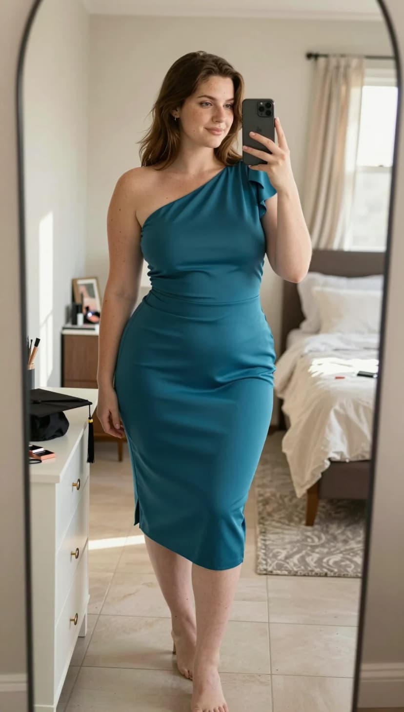Teal One-Shoulder Ruffle Midi Dress