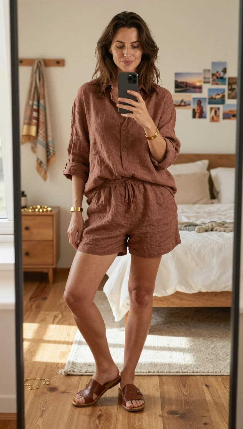 Brown Linen Button-Up Shirt + Brown Linen Drawstring Shorts + Brown Leather Slides