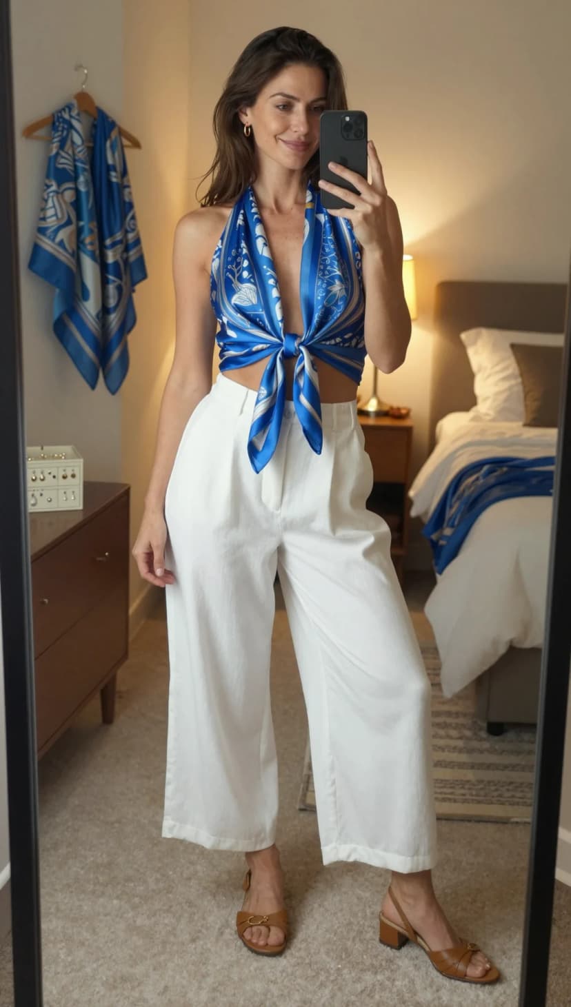 Blue Silk Scarf Halter Top + White Linen Wide-Leg Trousers + Brown Leather Block Heels