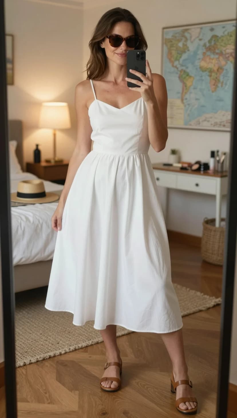 White Cotton Midi Dress + Brown Leather Block Heel Sandals