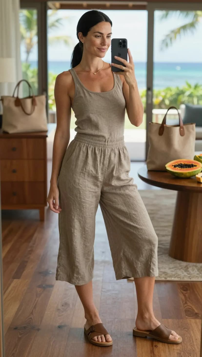 Taupe Knit Tank + Taupe Linen Wide Leg Cropped Pants