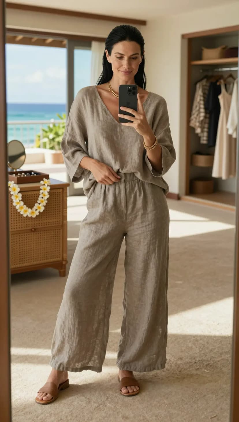 Taupe Linen V-Neck Top + Taupe Linen Wide-Leg Pants