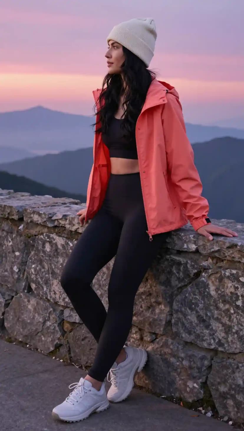 Cream Knit Beanie + Black Sports Bra + Coral Lightweight Jacket + Black Leggings + White Trail Running Shoes