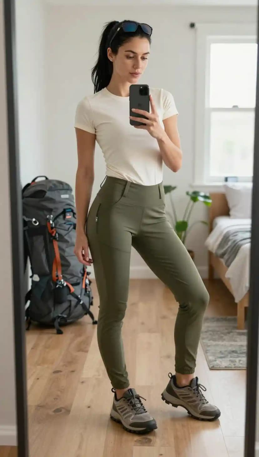 Cream Cotton T-shirt + Olive Green Synthetic Hiking Pants + Grey Trail Running Shoes