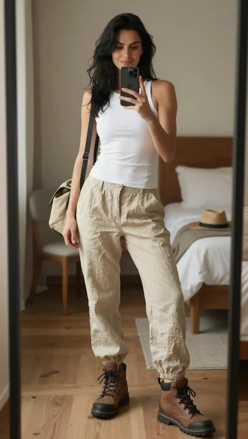 White Cotton Tank + Beige Linen Joggers + Brown Leather Boots
