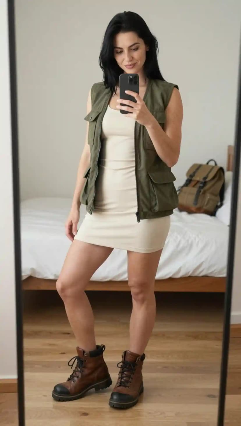 Cream Ribbed Tank Dress + Olive Utility Vest + Brown Leather Lace-Up Boots