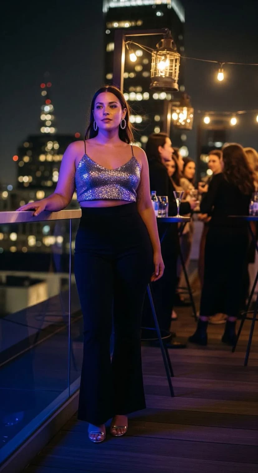 13. Fancy Sequin Crop Top with Dark Flared Trousers