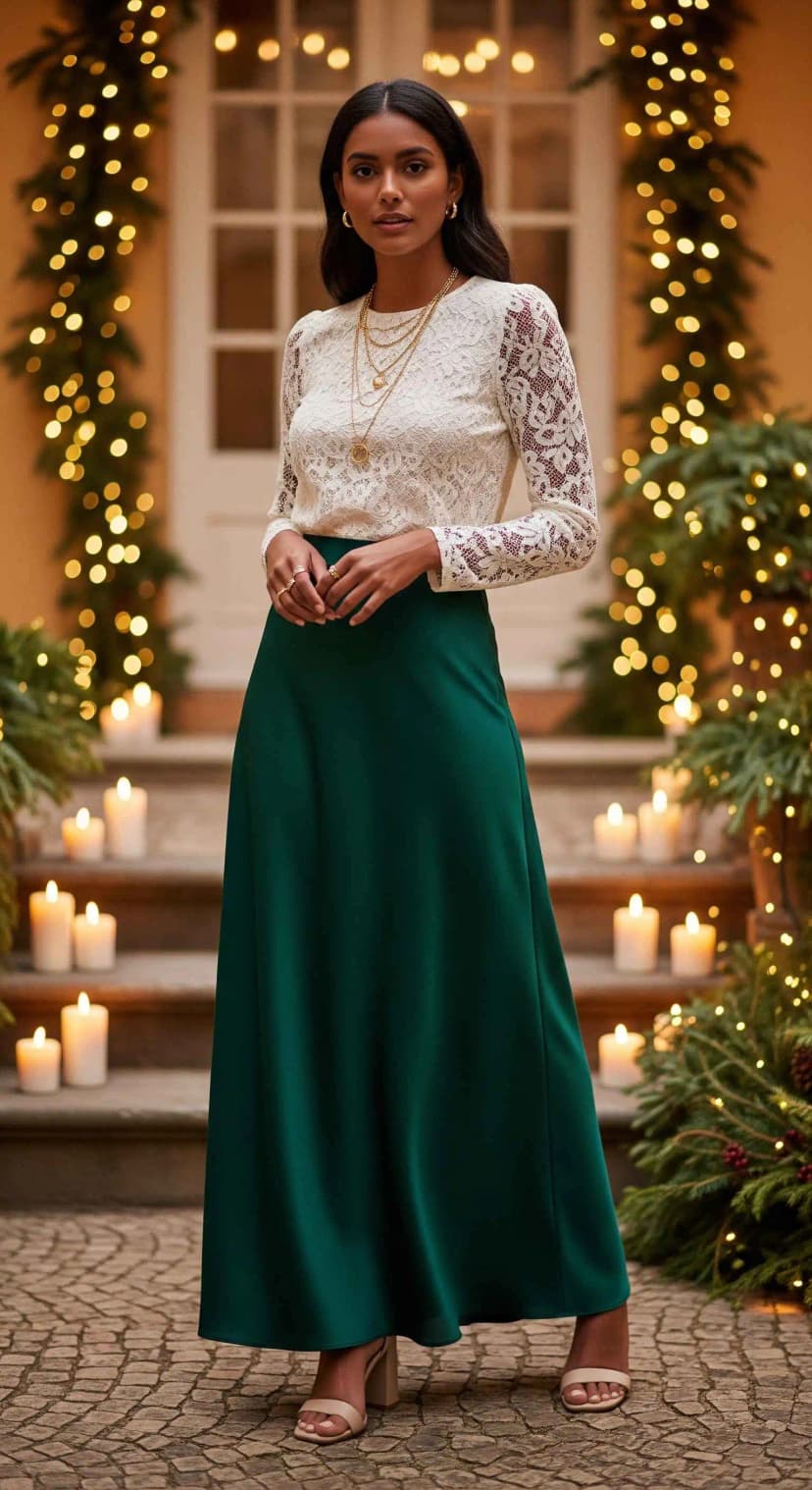 6. Lace Full Sleeve Top Tucked into Flowing Skirt