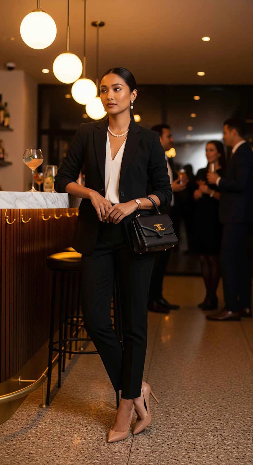 7. Classic Blazer with Formal Pants and Elegant Accessories