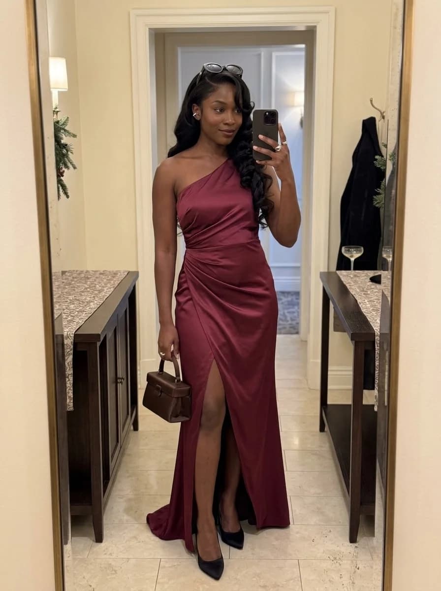 Burgundy one-shoulder satin draped gown with black pointed pumps