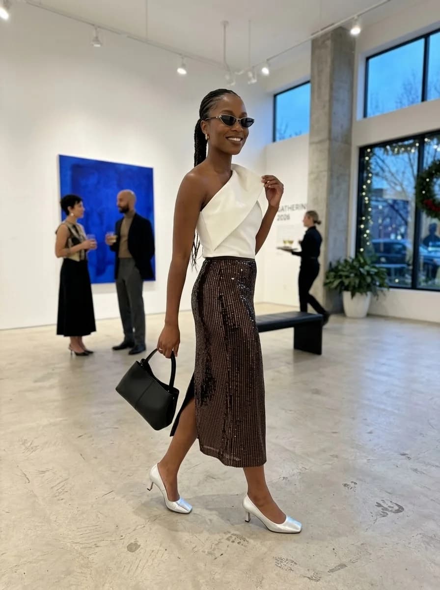 White one-shoulder top with chocolate brown sequin midi skirt and silver pumps