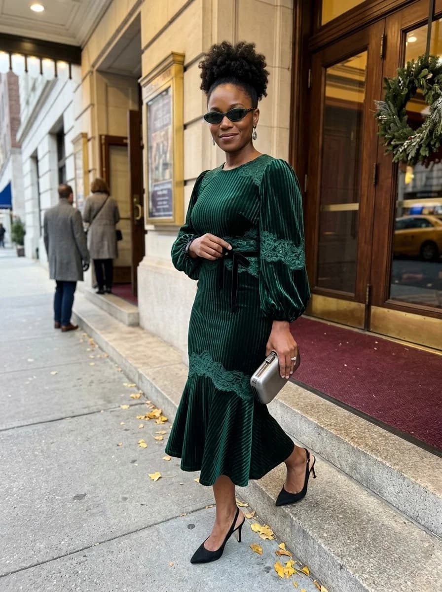 Emerald green velvet midi dress with lace panels and silver clutch