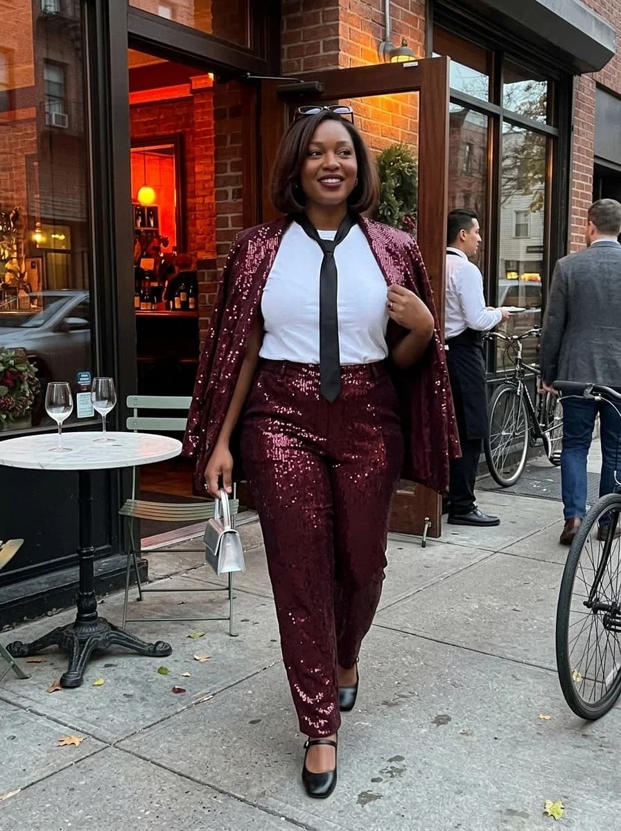 Burgundy sequin suit with white button-down shirt, black tie, and Mary Jane heels