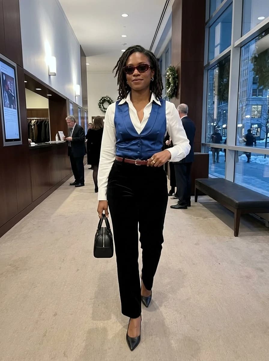 Cobalt blue satin vest layered over white shirt with black tailored trousers