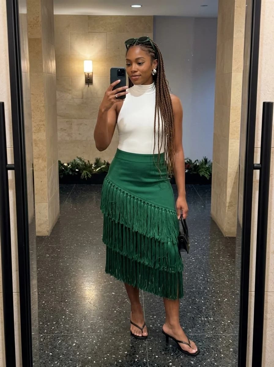 Fitted white sleeveless top with emerald green fringe midi skirt