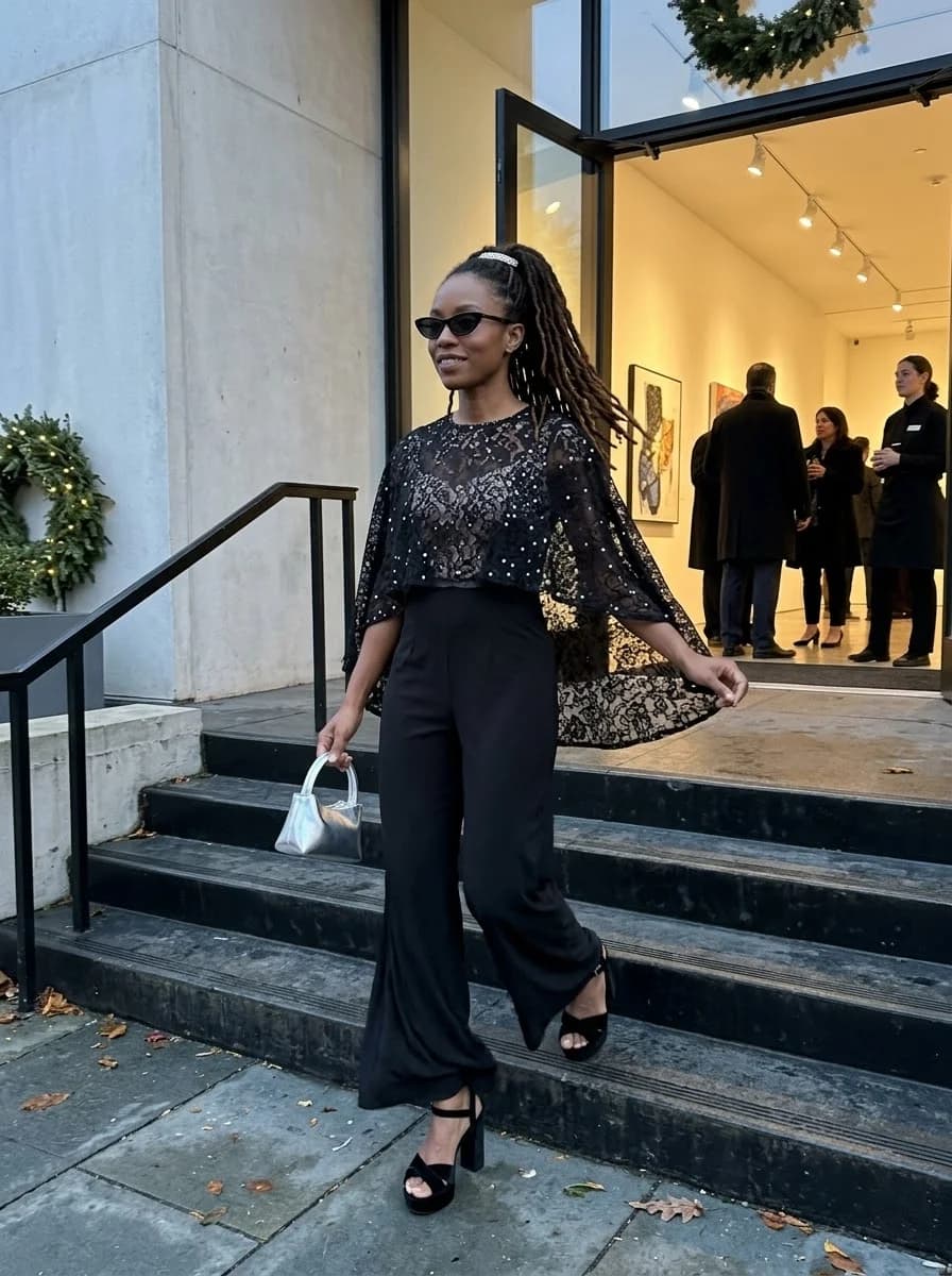 Black sheer lace cape top with wide-leg trousers and platform heels