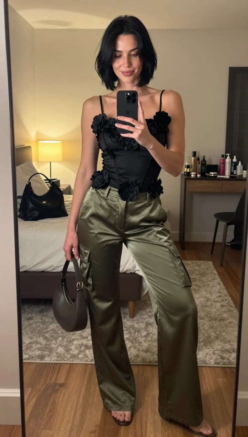 Black Floral Corset Top + Olive Satin Cargo Pants