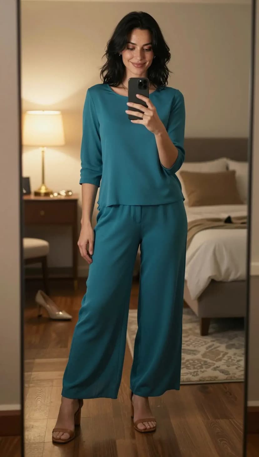 Teal Crepe Wide-Leg Trousers + Teal Crepe Boat Neck Top