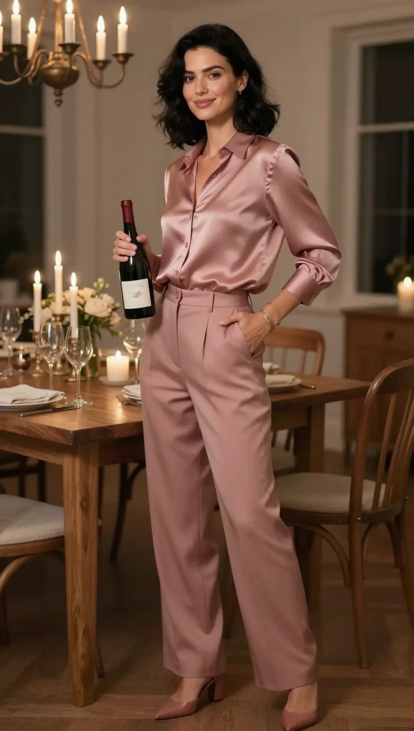 Dusty Rose Silk Button-Up Shirt + Dusty Rose Tailored Trousers