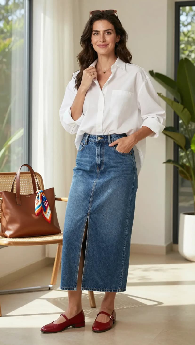 White Cotton Button-Up Shirt + Blue Denim Maxi Skirt