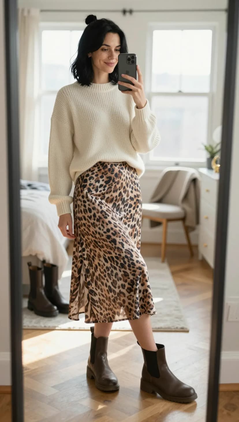 Cream Knit Sweater + Leopard Print Satin Midi Skirt + Brown Leather Chelsea Boots