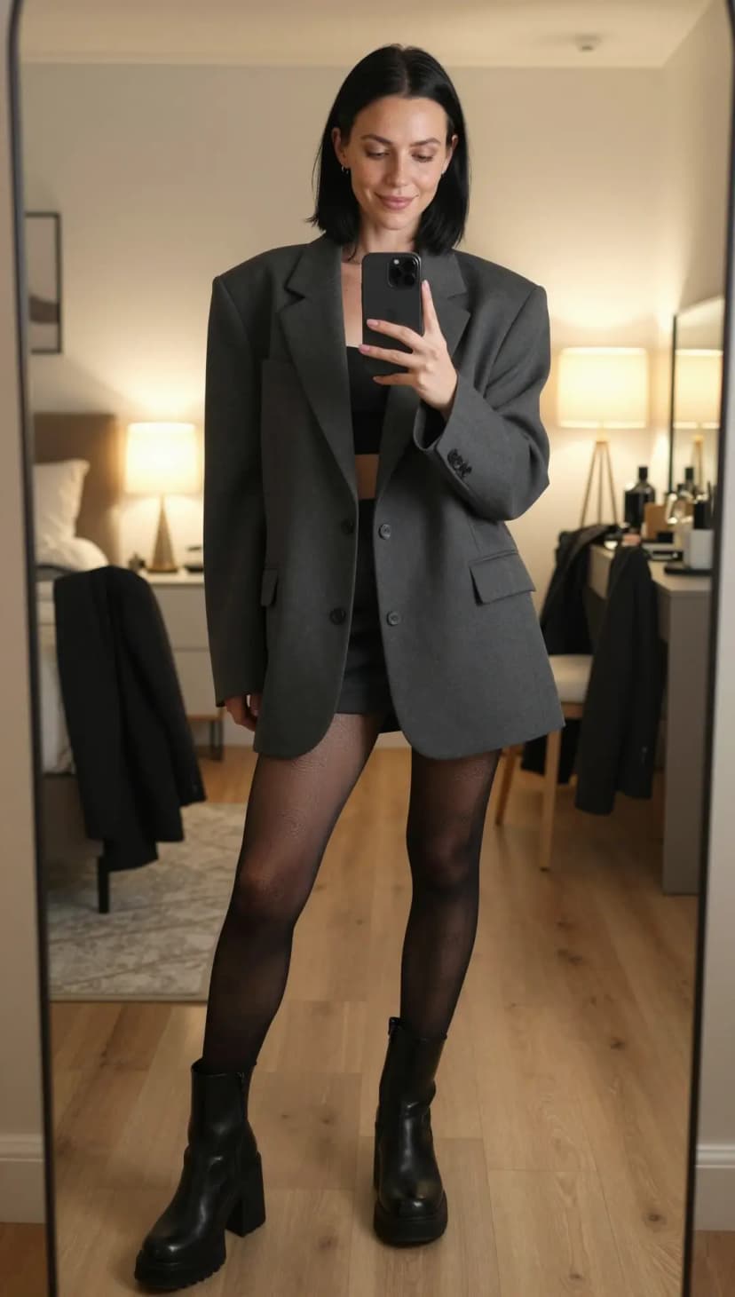 Grey Wool Blazer + Black Leather Shorts + Black Patterned Tights + Black Leather Boots