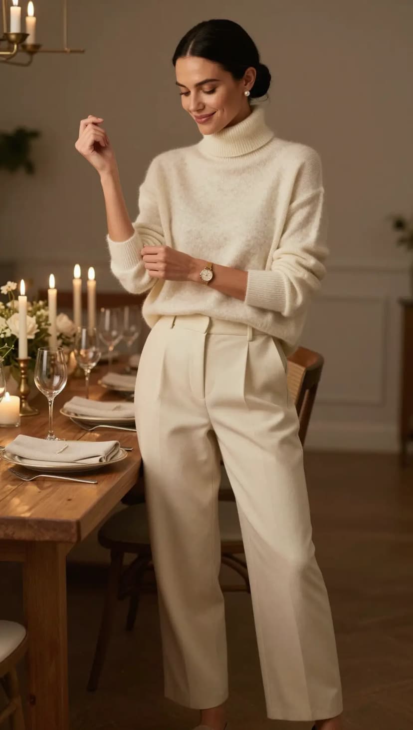 Cream Wool Turtleneck Sweater + Cream Wool Trousers