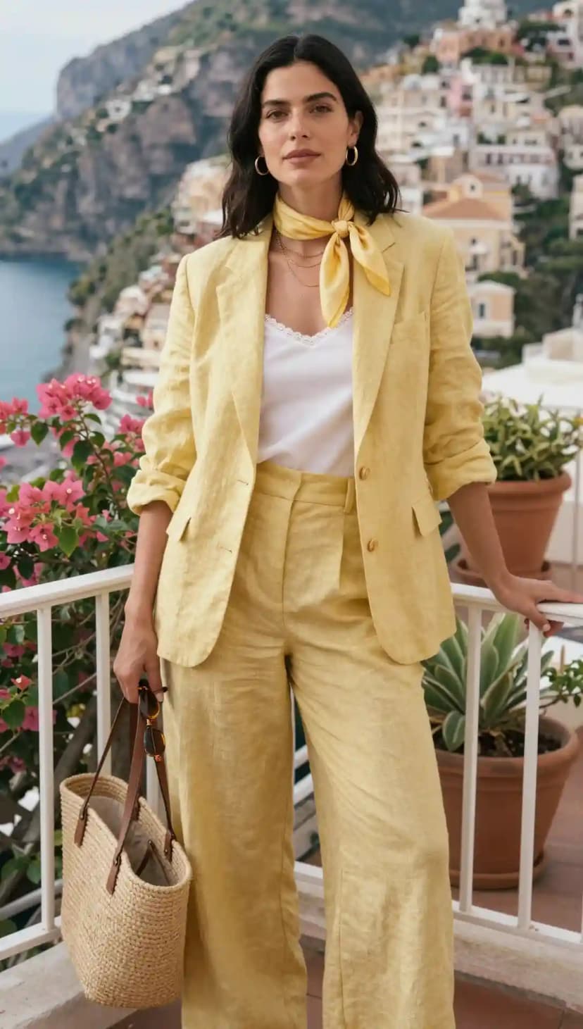 Yellow Linen Suit + White Lace Camisole + Yellow Silk Scarf
