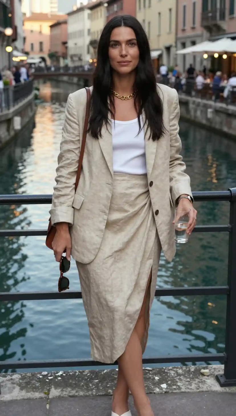 Linen Blazer + Wrap Skirt + Tank Top