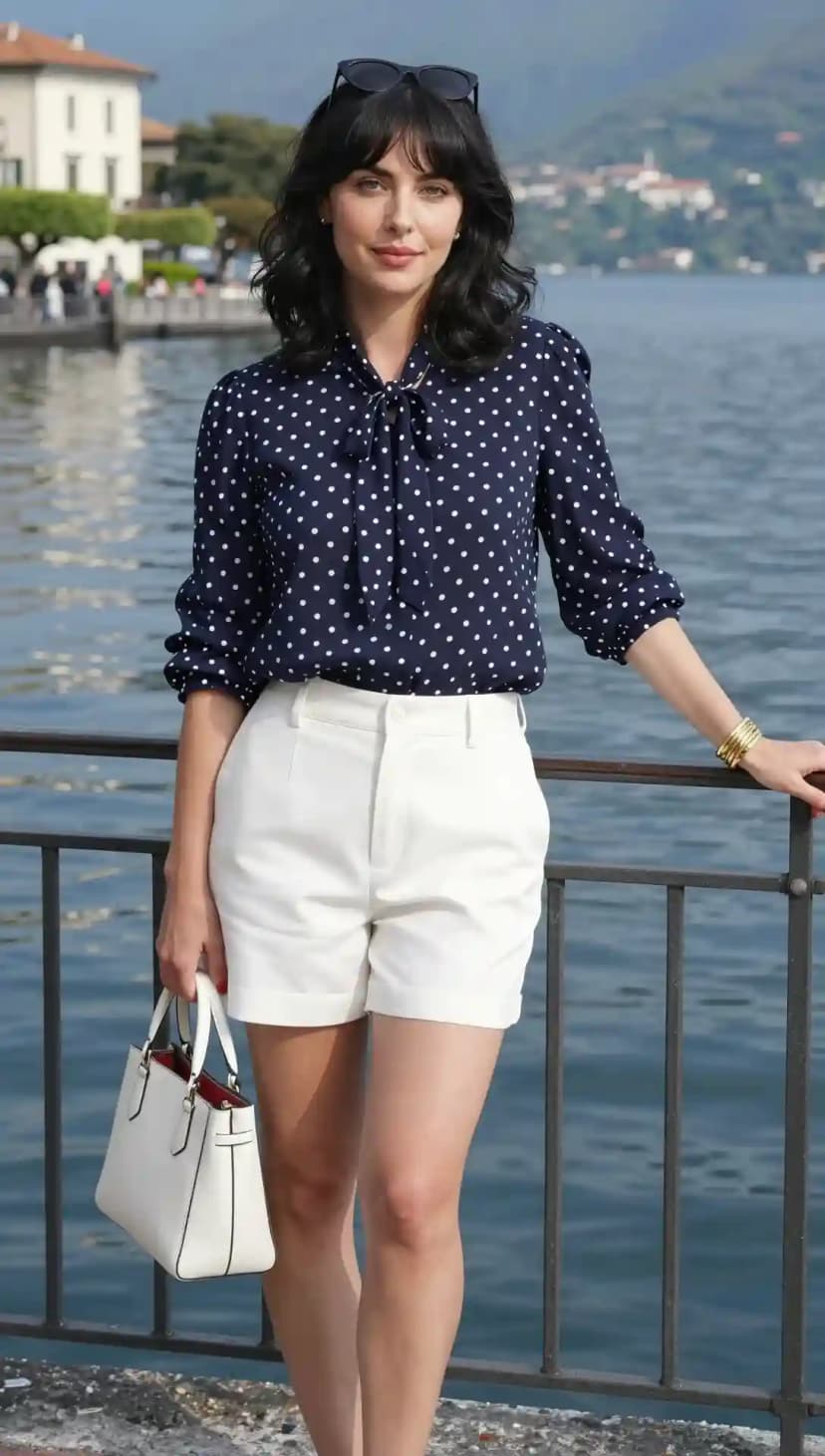 Navy Polka Dot Bow Blouse + White Tailored Shorts
