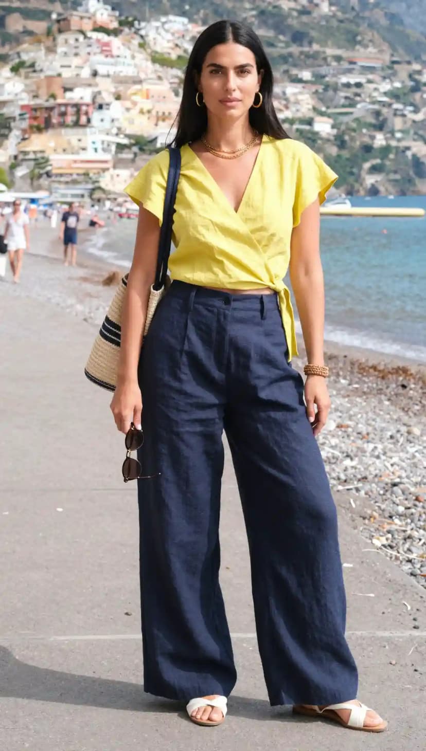 Yellow Linen Wrap Top + Navy Linen Wide-Leg Trousers + Straw Tote Bag
