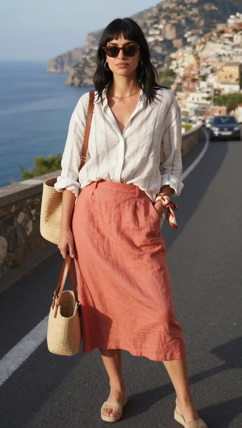 White Striped Linen Shirt + Coral Linen Skirt + Straw Tote Bag
