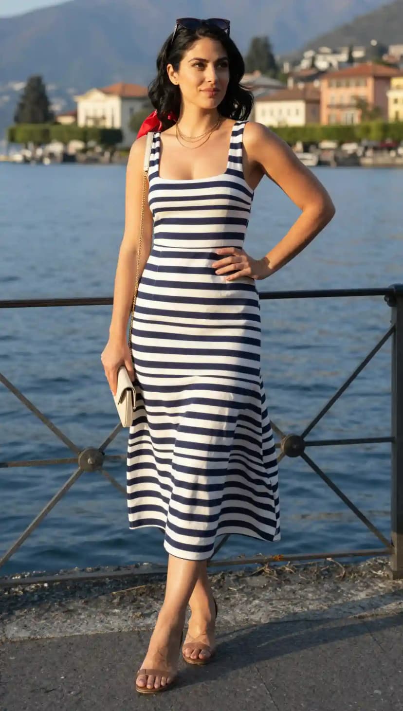 Navy and White Striped Midi Dress + Red Silk Scarf + White Clutch + Gold Layered Necklaces