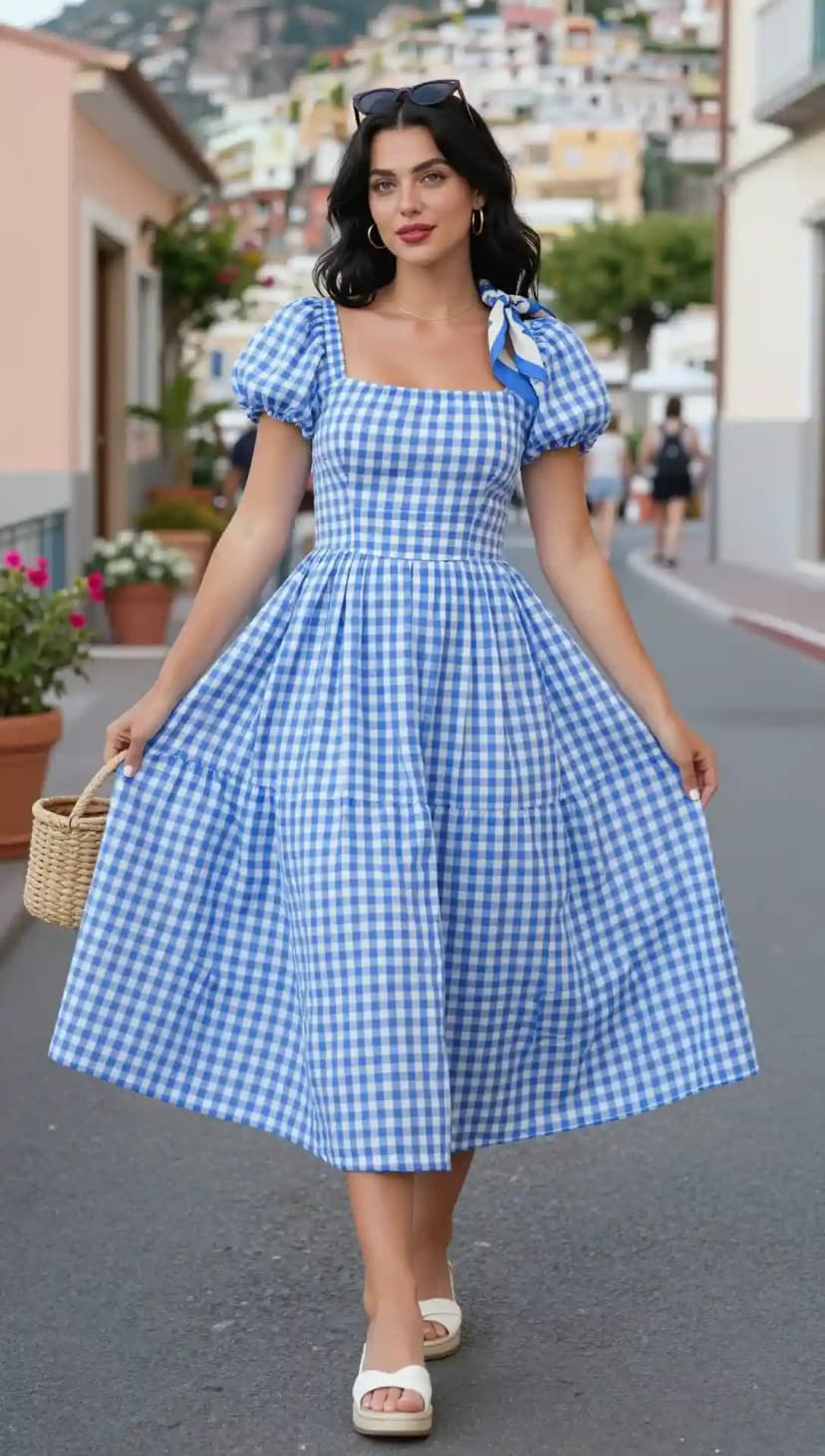 Blue Gingham Midi Dress + Straw Basket Bag + White Platform Sandals