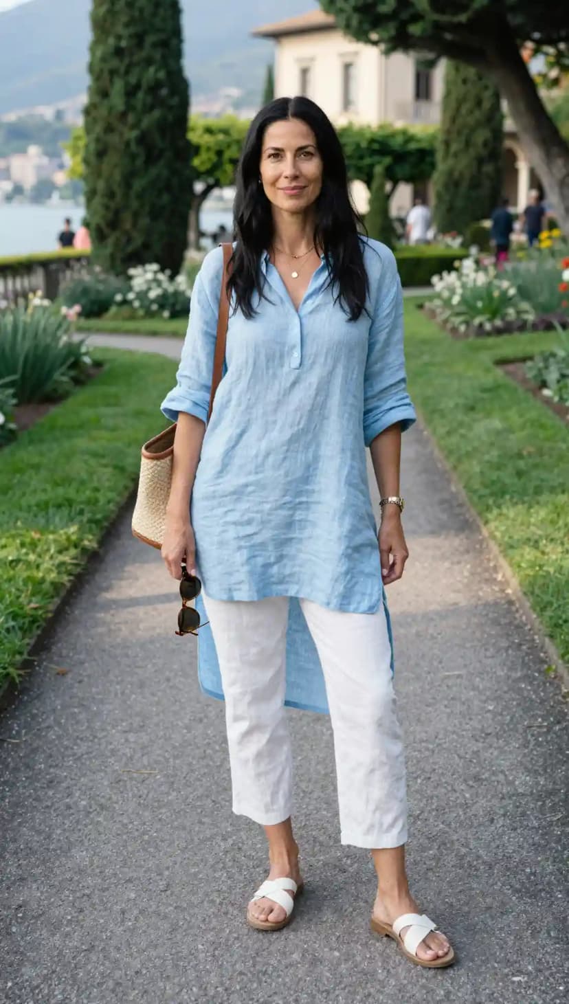 Light Blue Linen Tunic + White Linen Cropped Pants + White Leather Sandals + Straw Tote Bag